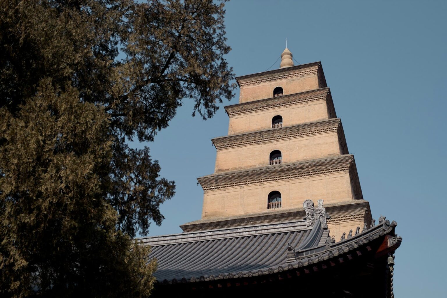 Pagode de tijolos de vários andares visto de baixo, atrás de um telhado de templo e de uma árvore, sob céu azul