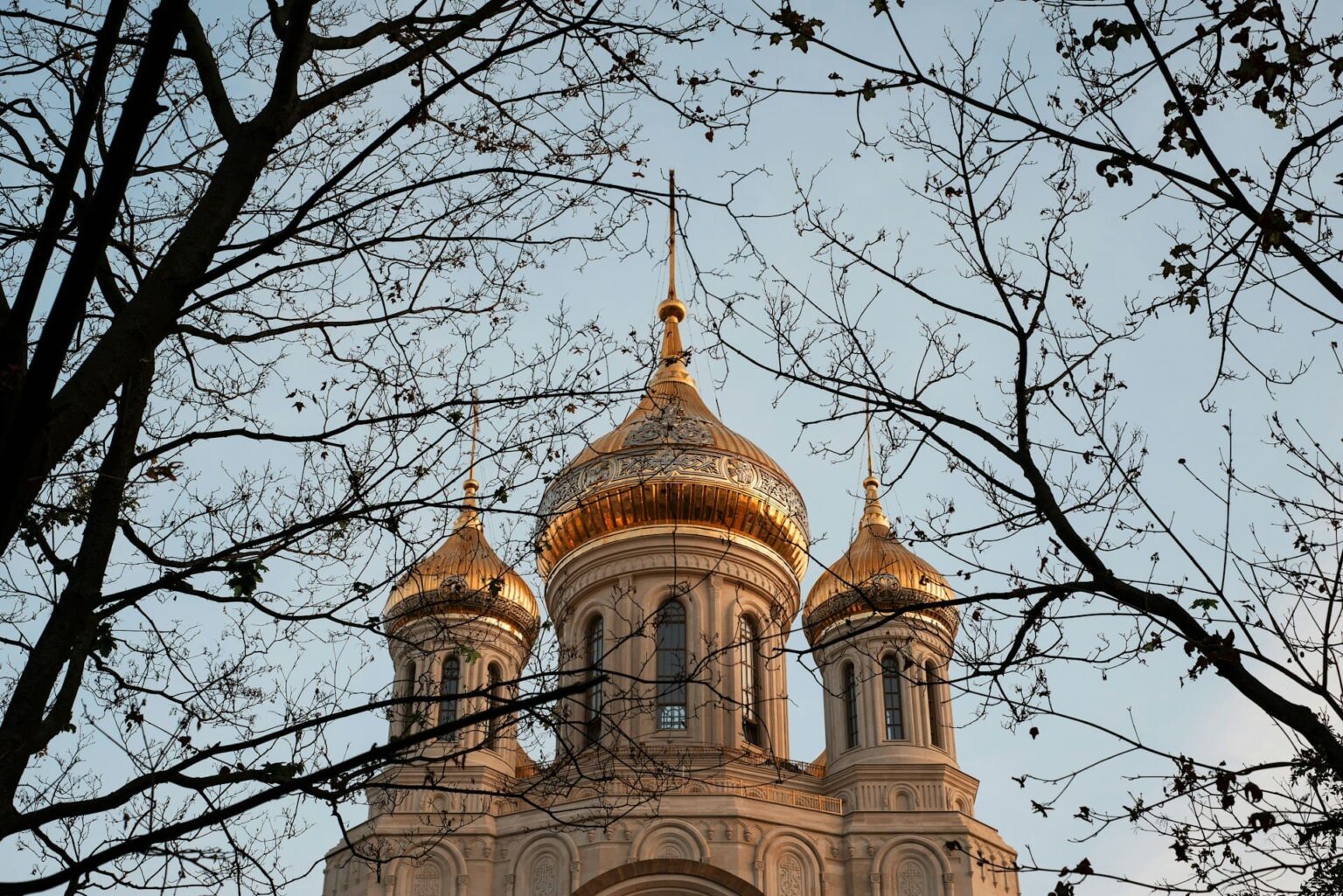 Cúpulas douradas de uma igreja ortodoxa ao entardecer, vistas entre galhos sem folhas